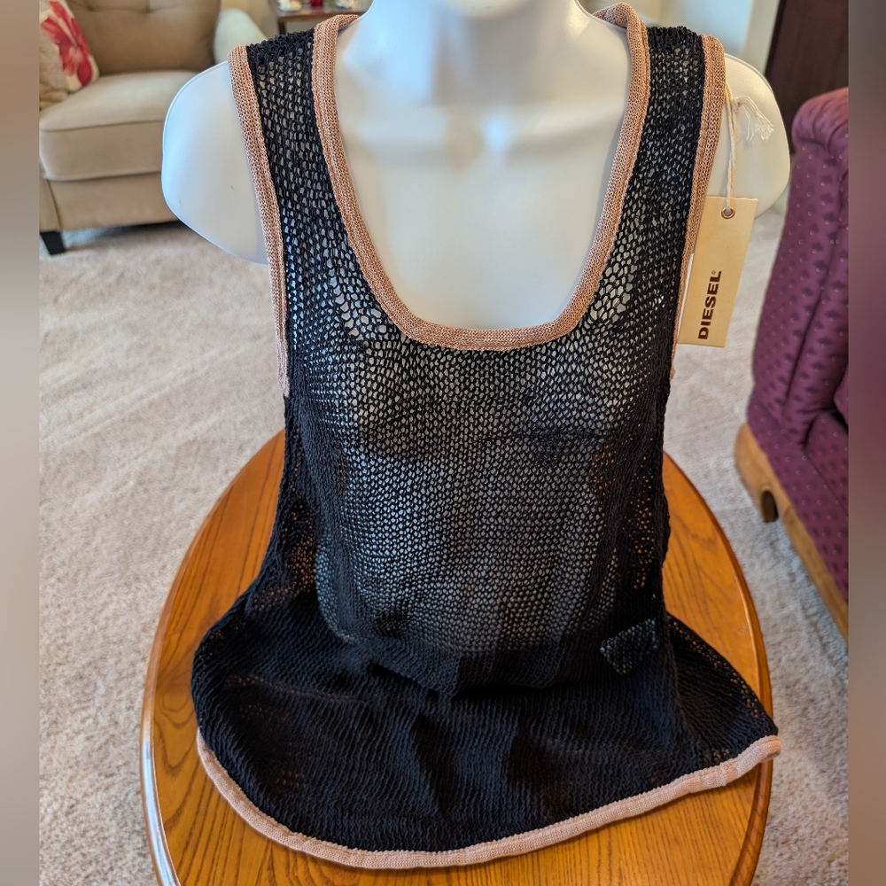 Diesel Black Mesh Tank Top, Size M - NEW - Picture 1 of 9